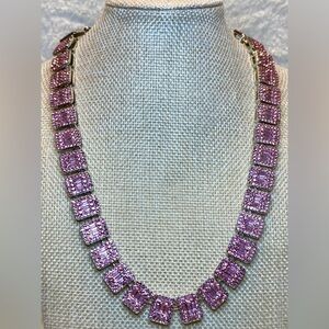 Stunning Pink Glass Rhinestone Statement Necklace Stainless Steel w Safety Clasp